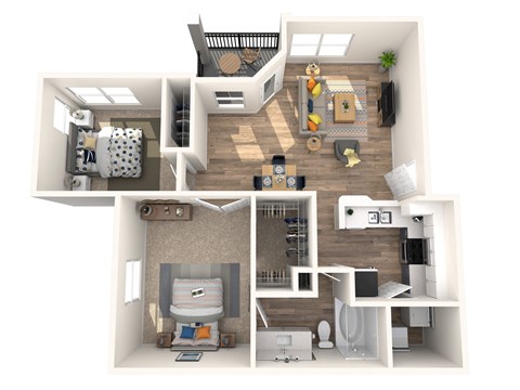 this is a 3d floor plan of a 757 square foot 1 bedroom apartment at the